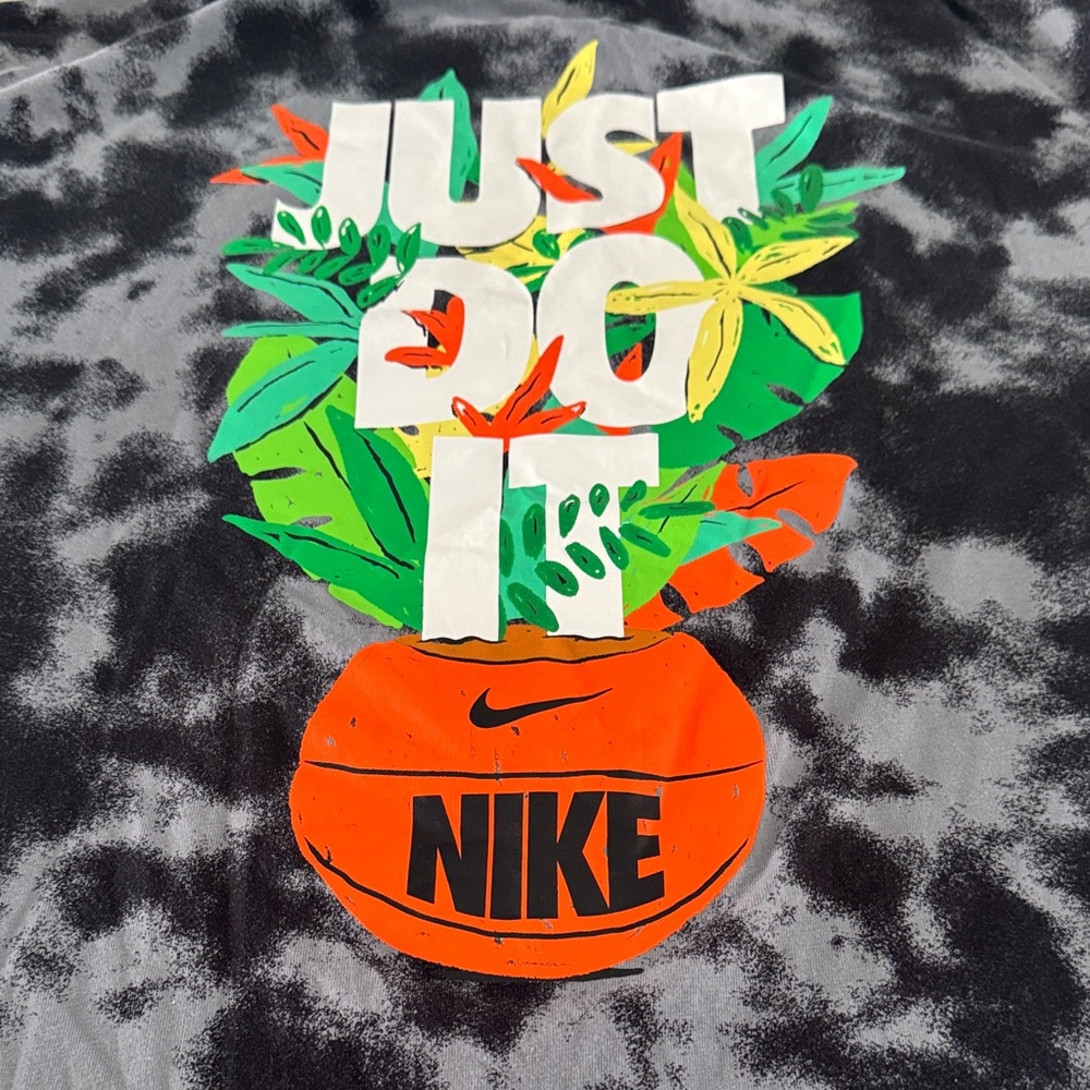 Nike Mens Black and Gray Tie-Dye T-Shirt with Pink Flower
